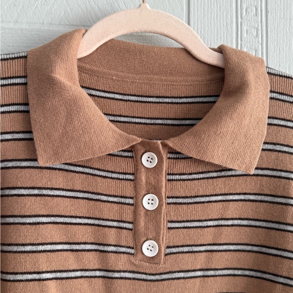 Tan Brown Blue Striped Oversized Polo Sweater Womens XL Preppy College Academia - Picture 2 of 10